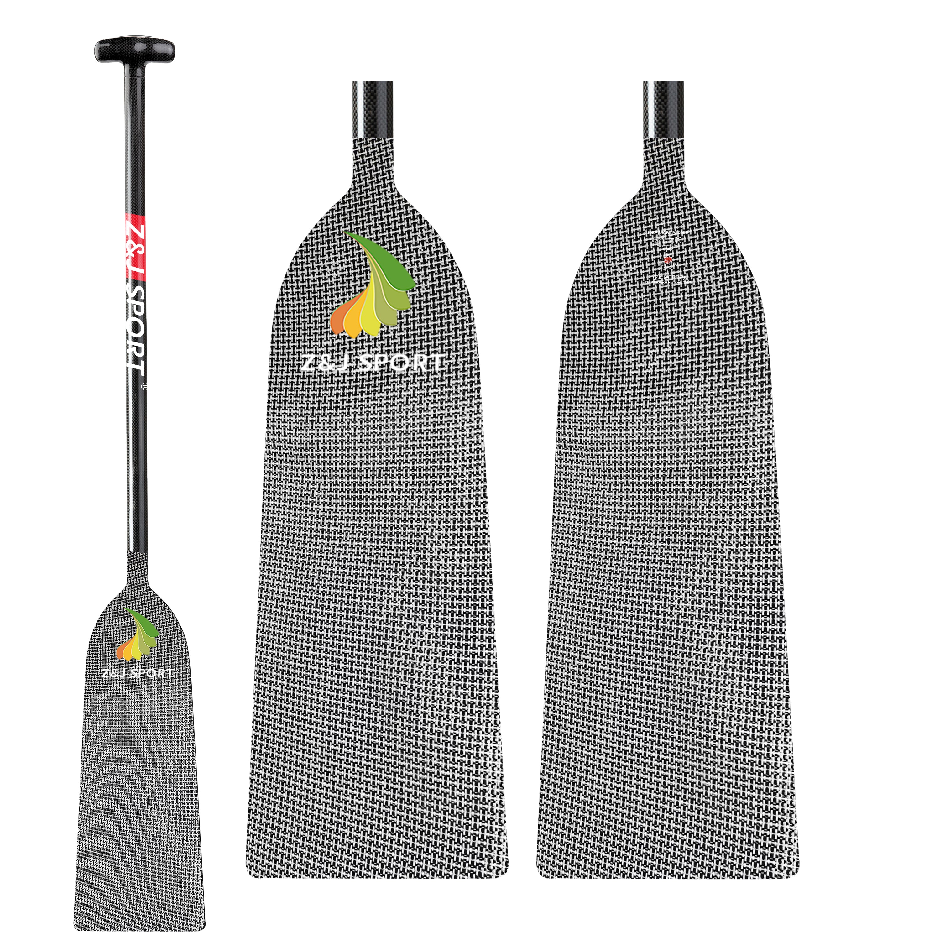 Three black and white ZJ SPORT dragon boat paddles with a woven pattern feature red handles. The left paddle shows a logo with green and orange leaves and ACCUPORT, while the adjustable middle paddle also has the same logo at the top.