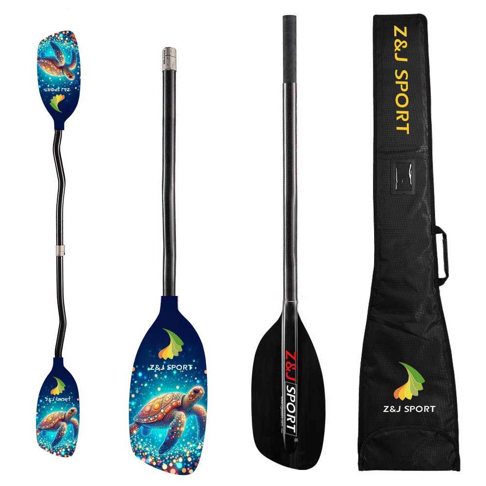 Three views of a colorful kayak paddle with a sea turtle design on its carbon fiber blade, paired with a black carrying bag labeled ZJ SPORT. The product name is ZJ Classic Full Carbon Whitewater Paddle with Cranked Shaft by the brand ZJ SPORT.