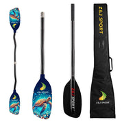 Three views of a colorful kayak paddle with a sea turtle design on its carbon fiber blade, paired with a black carrying bag labeled ZJ SPORT. The product name is ZJ Classic Full Carbon Whitewater Paddle with Cranked Shaft by the brand ZJ SPORT.
