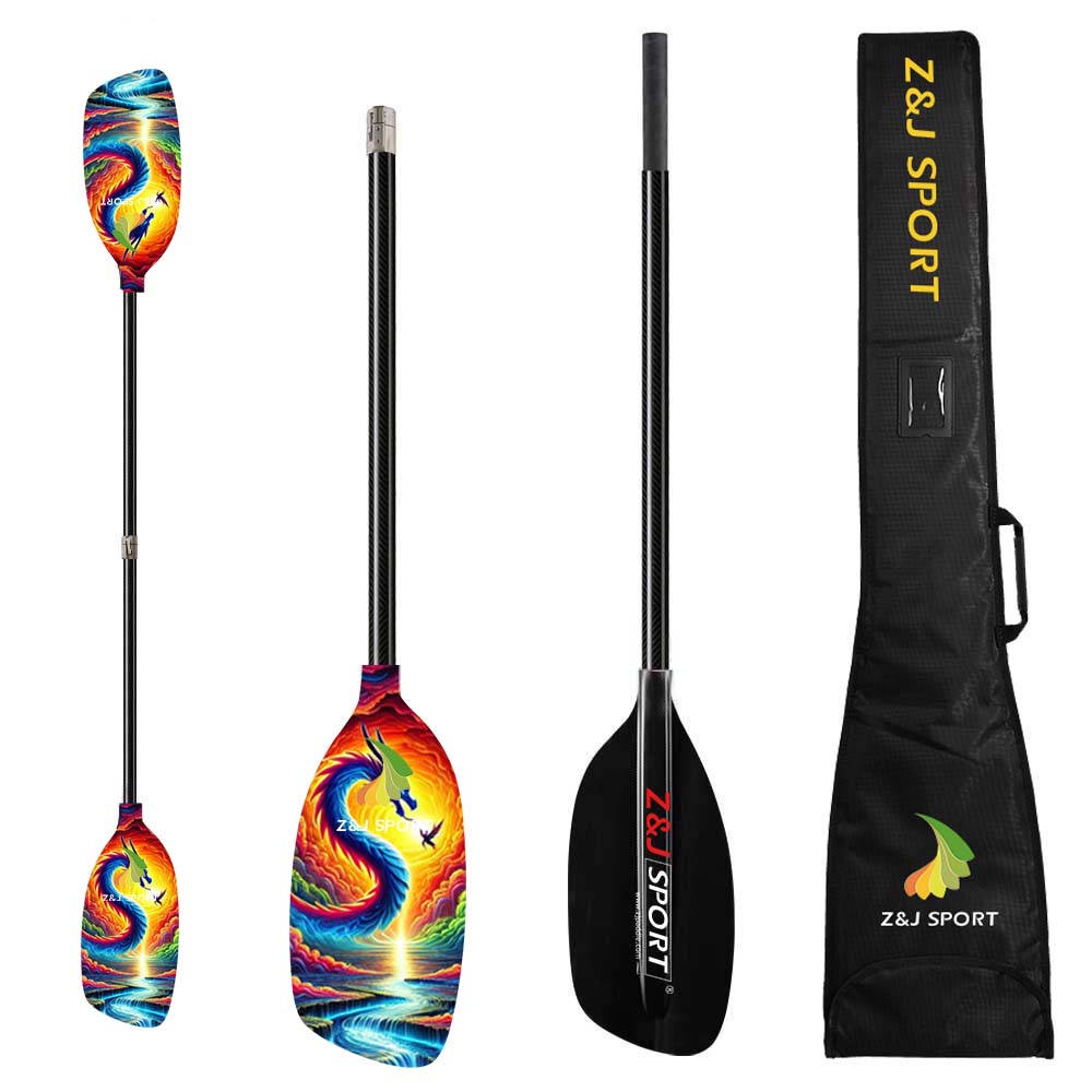 Four kayak paddles: two with multicolored dragon and wave designs, one black with a red and white logo, and another in a black ZJ SPORT bag. The ZJ Classic Full Carbon Whitewater Paddle is made of carbon fiber for durability, ideal for whitewater adventures.
