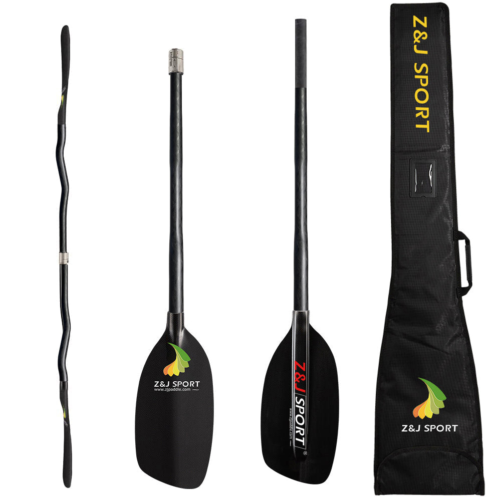 The ZJ Classic Full Carbon Whitewater Paddle from ZJ SPORT is shown from four angles, featuring a cranked shaft, carbon fiber blade with a small, colorful logo. A black carry bag with yellow branding is included for effortless transport of your paddle.