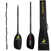 The ZJ Classic Full Carbon Whitewater Paddle from ZJ SPORT is shown from four angles, featuring a cranked shaft, carbon fiber blade with a small, colorful logo. A black carry bag with yellow branding is included for effortless transport of your paddle.