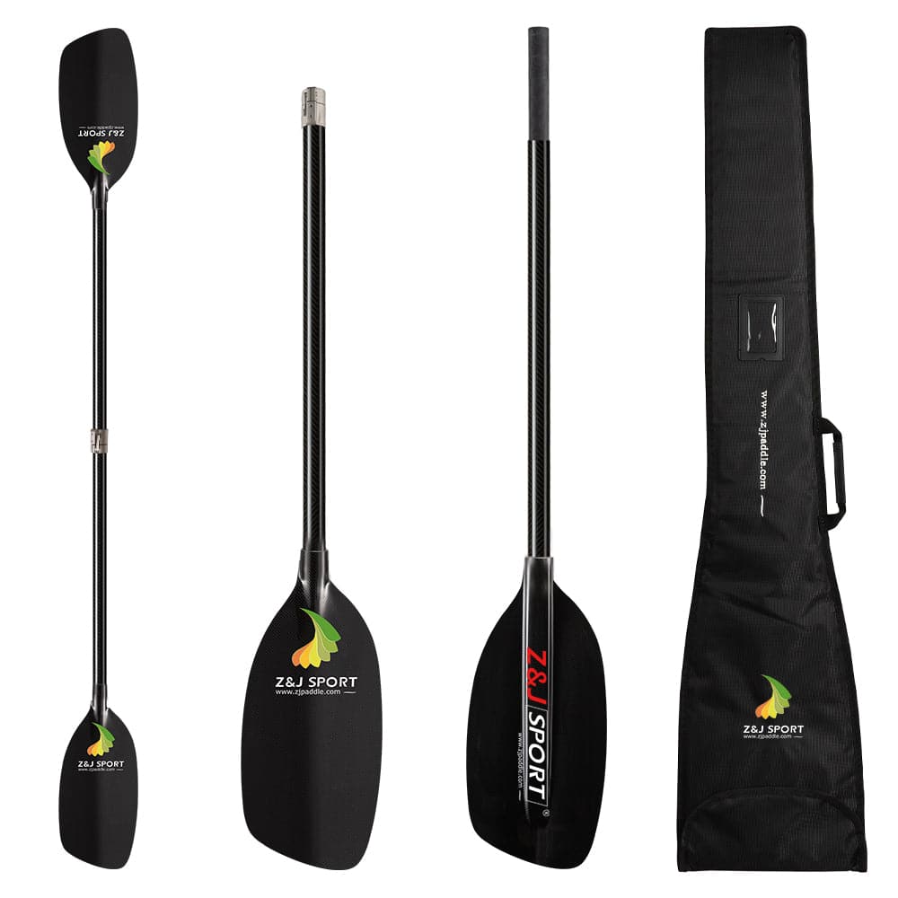The ZJ SPORT Classic Full Carbon Whitewater Paddle Set includes four sleek paddles with carbon fiber blades featuring vibrant yellow and green leaf designs, ideal for whitewater trips. It comes with a branded black carrying case.