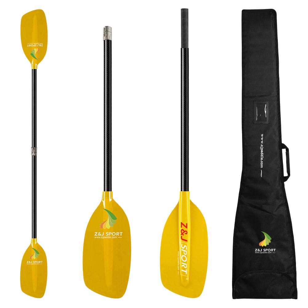 Three yellow ZJ SPORT paddles with carbon fiber shafts, fiberglass blades, and black handles are displayed before a black carrying case with a shoulder strap. Ideal for whitewater adventures, they feature the ZJ SPORT brand name.
