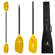 Three yellow ZJ SPORT paddles with carbon fiber shafts, fiberglass blades, and black handles are displayed before a black carrying case with a shoulder strap. Ideal for whitewater adventures, they feature the ZJ SPORT brand name.