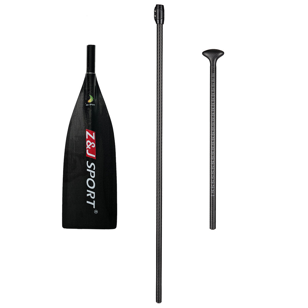 A ZJ SPORT Carbon SUP Paddle, labeled Z&J SPORT, is elegantly disassembled into three parts: a Macon Blade, an adjustable shaft, and an ergonomic palm grip, all set against a white background.