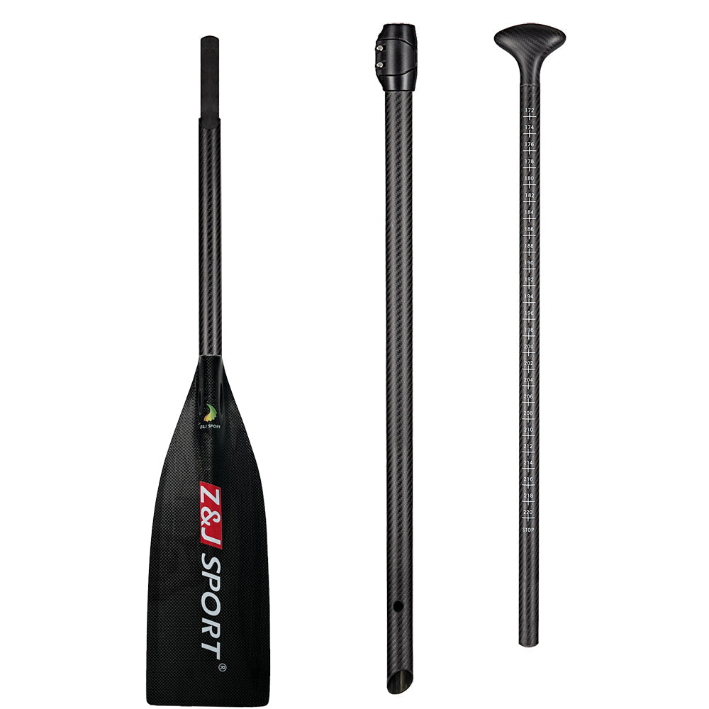 The ZJ Lightweight 3-piece Carbon SUP Paddle features a Macon blade branded with ZJ SPORT, a middle shaft, and an ergonomic palm handle for superior comfort.