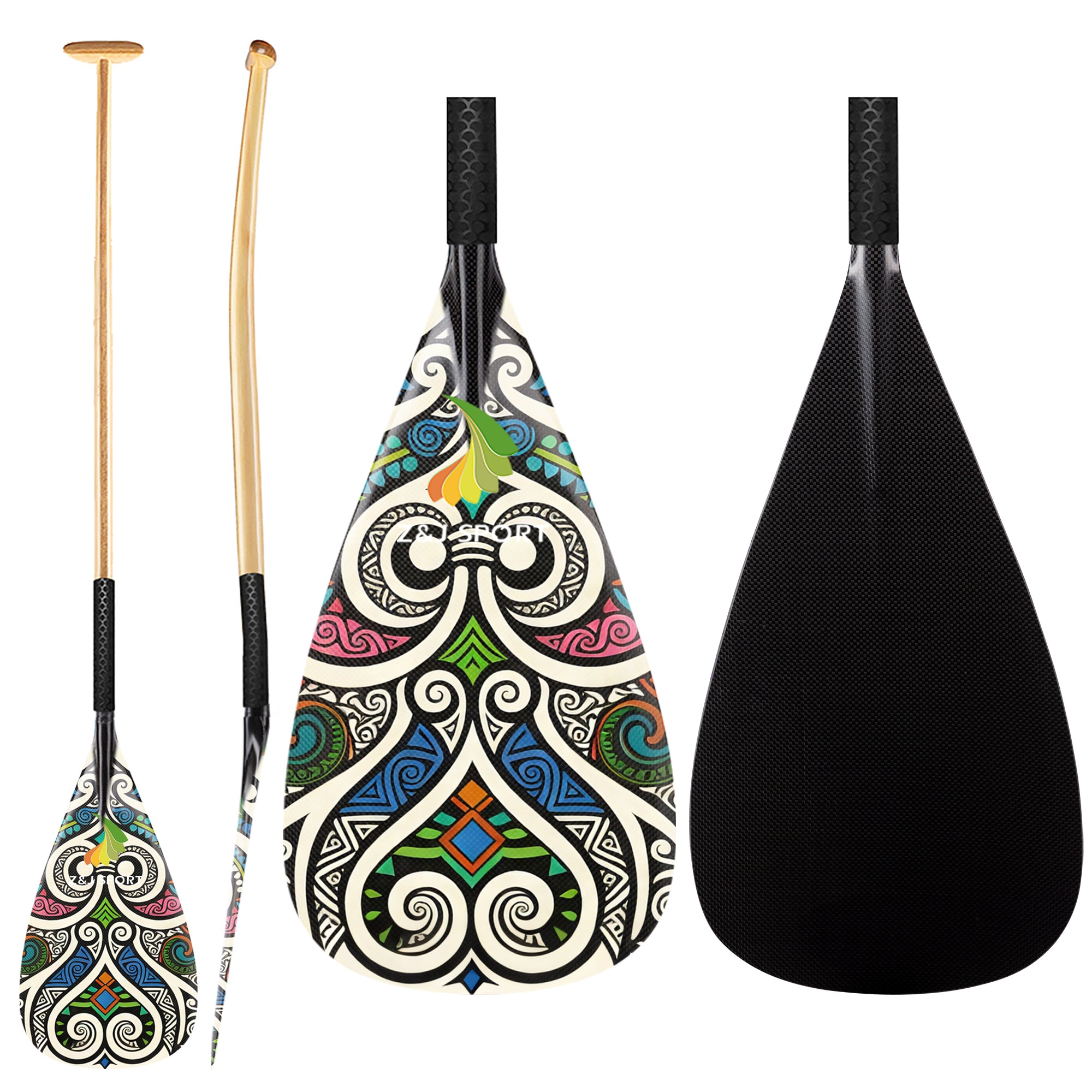 ZJ Hybrid VA'A Outrigger Canoe Paddle With Graphic on Carbon Blade With Anti Skid Grip