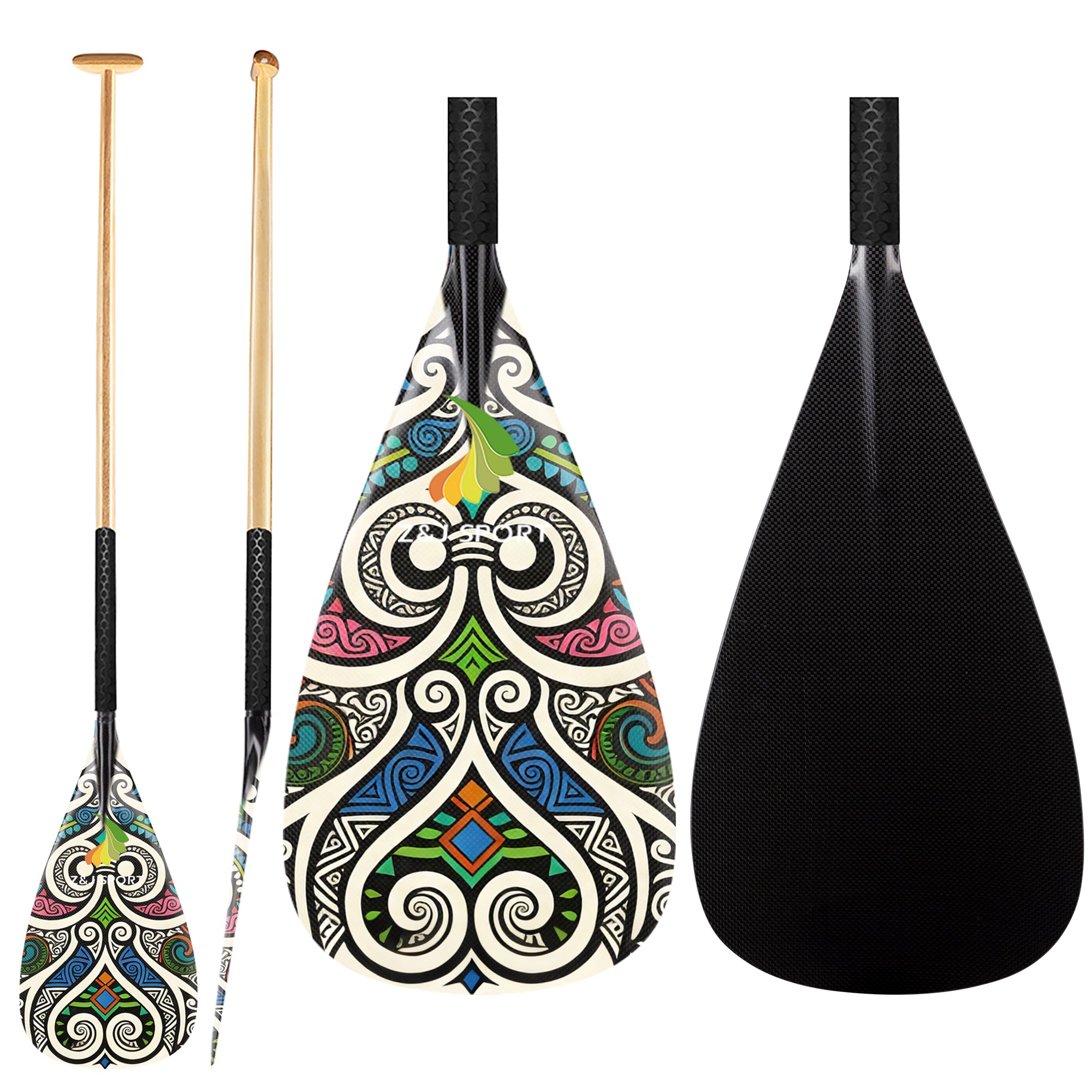 ZJ Hybrid VA'A Outrigger Canoe Paddle With Graphic on Carbon Blade With Anti Skid Grip