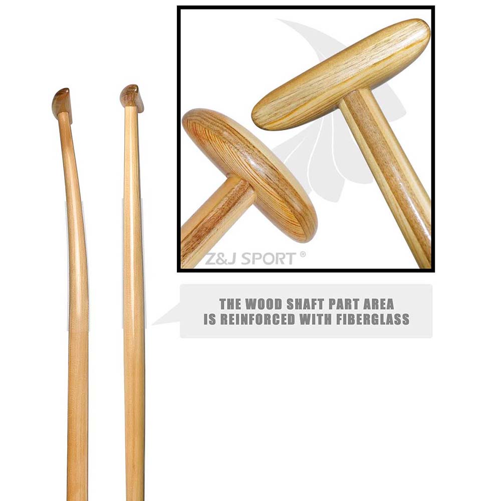 The ZJ SPORT Hybrid Outrigger Canoe VAA Paddle, featuring a carbon blade with an anti-skid grip, includes wooden shafts reinforced with fiberglass. The ergonomic design ensures a comfortable hold as shown in detailed close-ups of the textured handles.