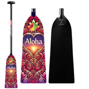 Three paddles are displayed: the first with Aloha and intricate patterns, the second featuring a sunset and floral motifs, and the third is a ZJ SPORT IDBF-approved plain black dragon boat paddle with a carbon fiber texture.