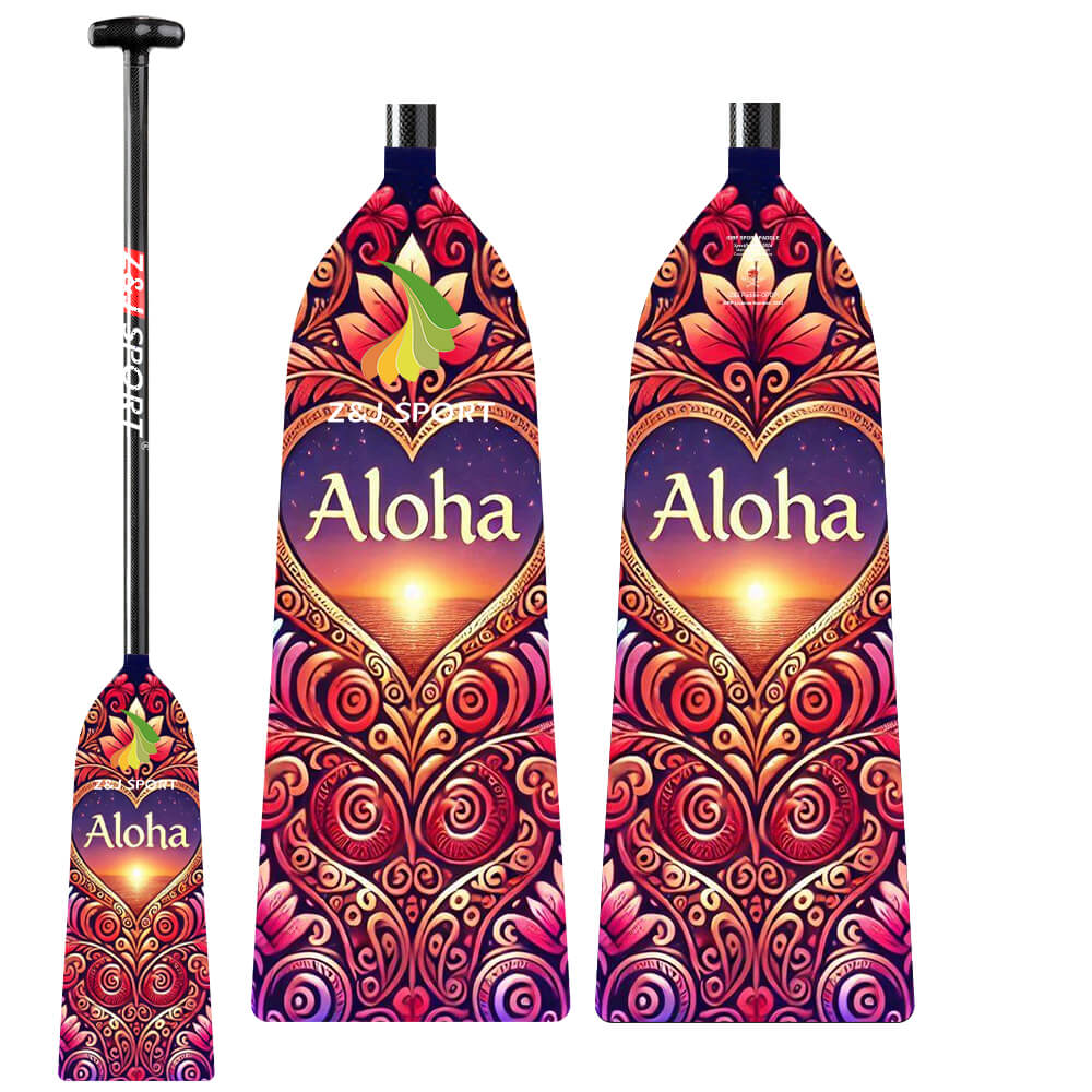 ZJ SPORTs Colorful kayak paddles with red, orange, and purple heart designs and Aloha offer a sunset theme. The IDBF-approved Dragon Boat Paddle (OPDP) stands out with intricate patterns and carbon fiber construction.
