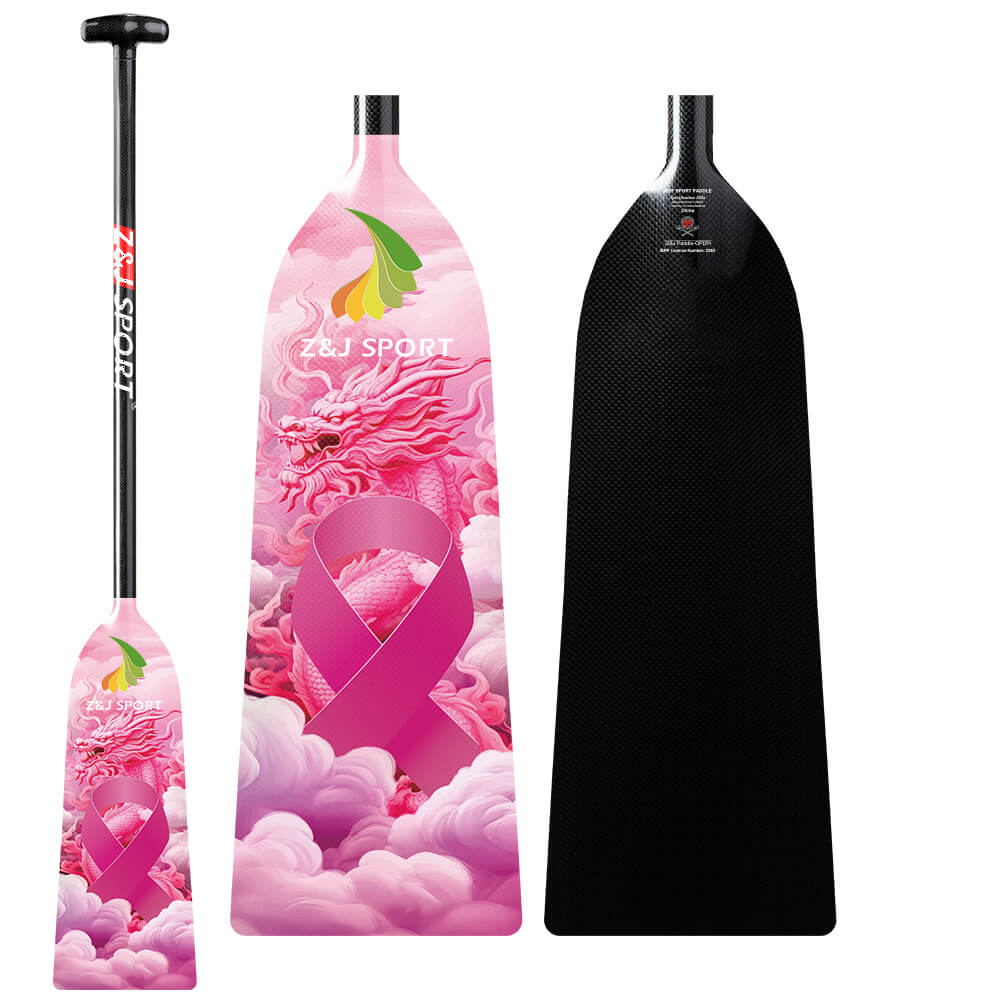 The ZJ IDBF Approved Carbon PINK Series Dragon Boat Paddle by ZJ SPORT showcases a pink ribbon and dragon design on the front with solid black on the back.