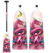 Three adjustable ZJ SPORT paddles feature colorful designs with a pink dragon amidst clouds and a pink ribbon. The carbon fiber paddle has a gradient of pink shades with the brand name near the top on one larger paddle.