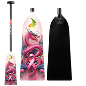 The ZJ SPORT ZJ IDBF Approved Carbon PINK Series Dragon Boat Paddle offers a sleek carbon finish with an adjustable length featuring a vibrant pink dragon and ribbon design set against clouds and water.