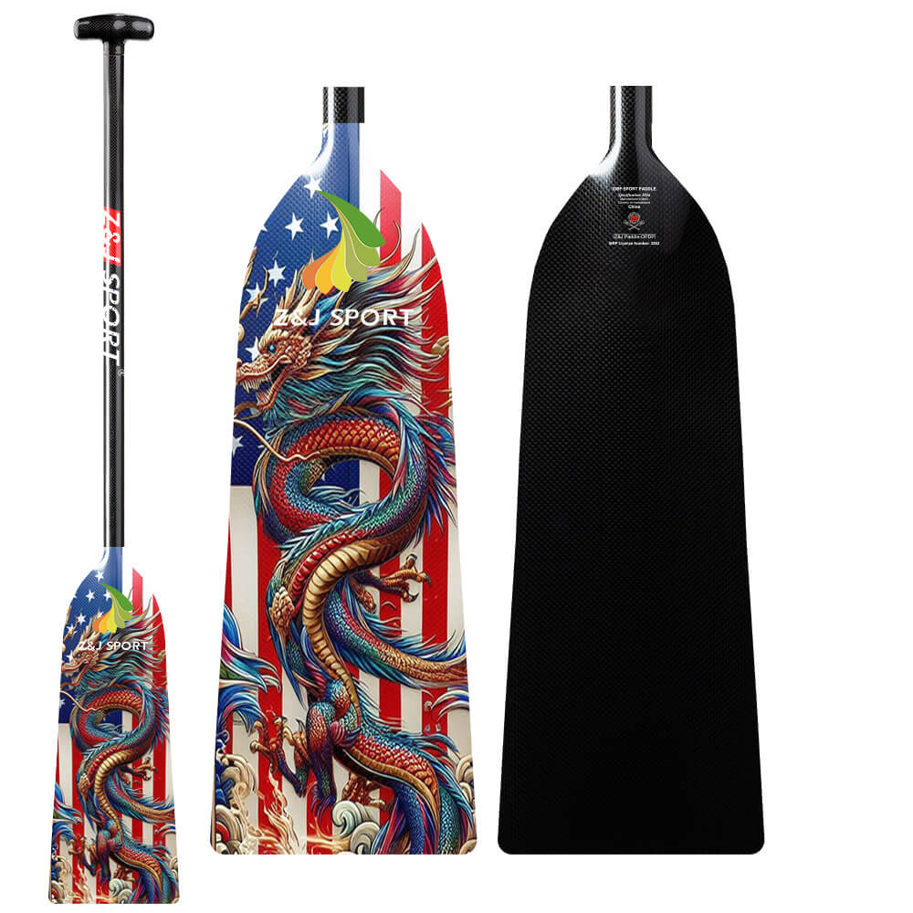 Three vibrant ZJ SPORT dragon boat paddles include two IDBF-approved designs featuring dragons against an American flag, and a full carbon fiber paddle with subtle text details for durability and sleekness in every stroke.