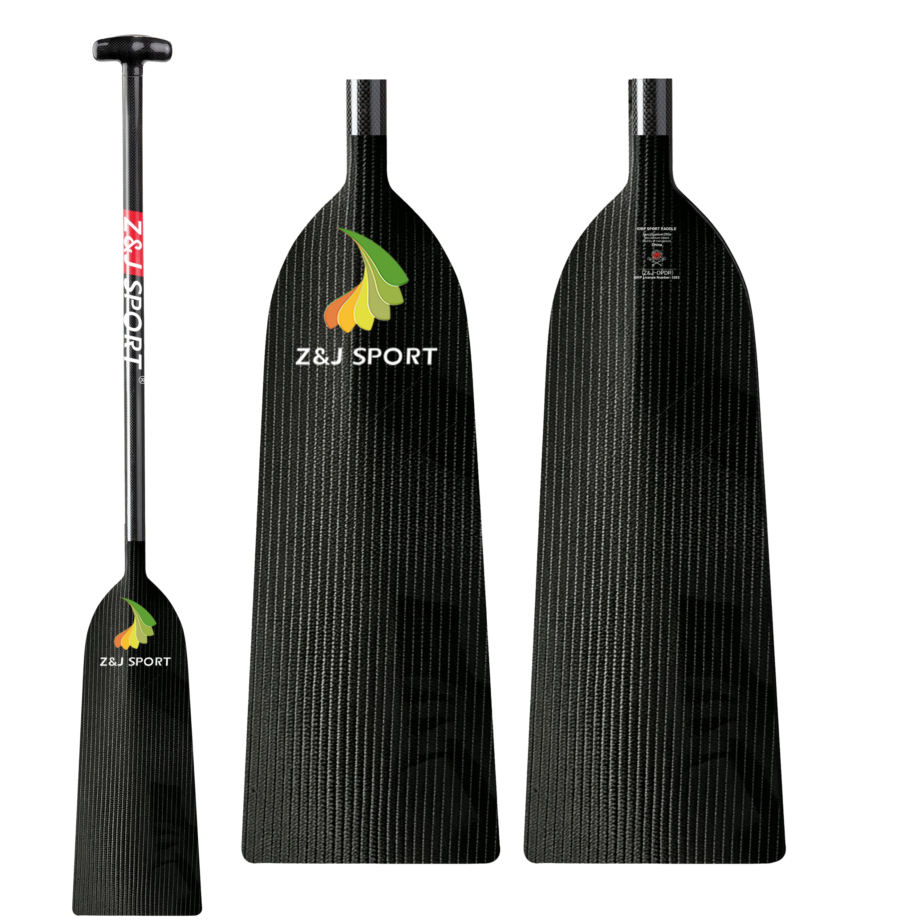 Dragon boat paddles branded with ZJ SPORT: One adjustable paddle stands upright, showcasing its handle, while two lie horizontally to display both sides of the ZJ IDBF Approved Dragon Boat Paddle with New Carbon/Kevlar/Innegra/Wooden Verner Blade, highlighting branding and intricate details.