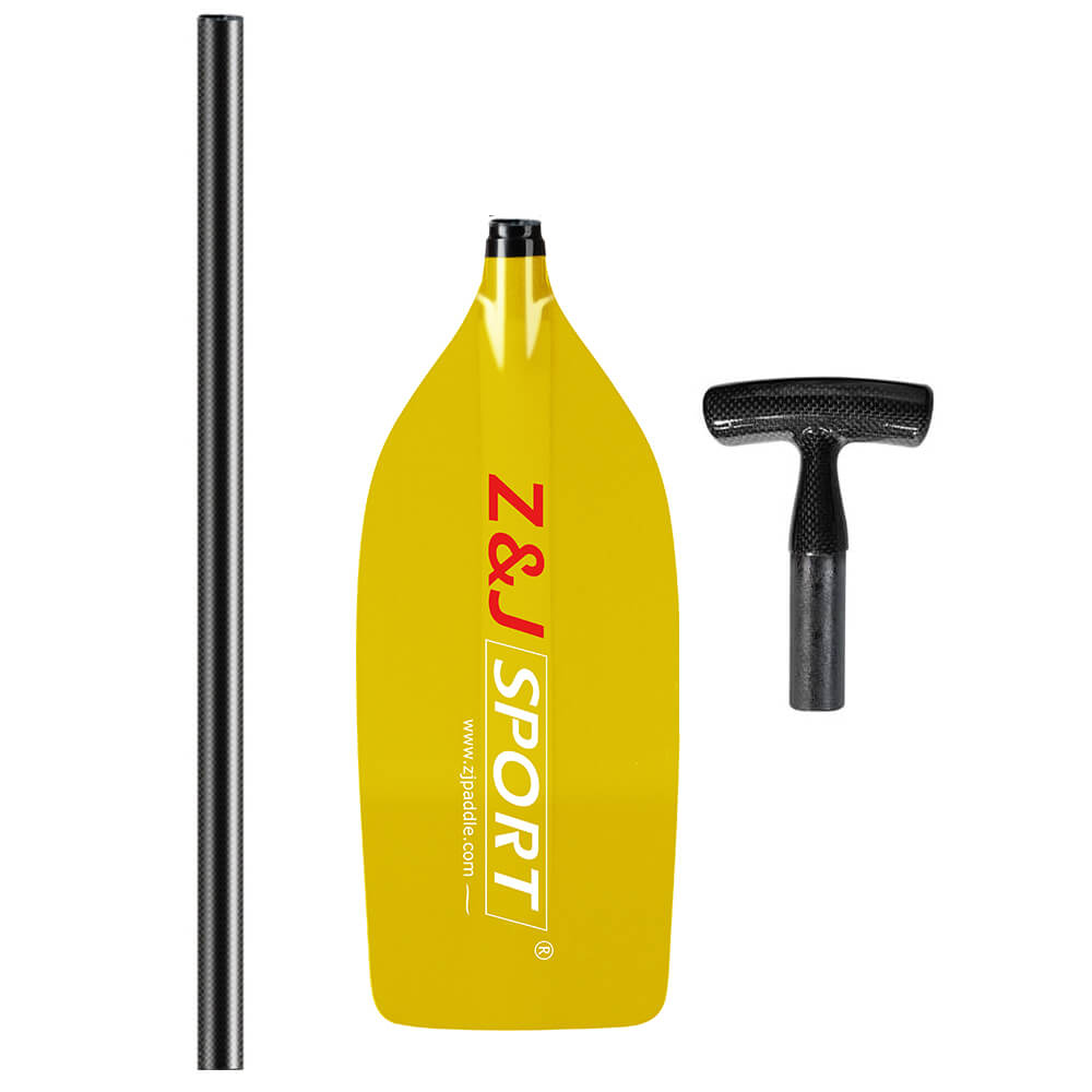 A white background showcases an unassembled zijie ZJ Canoe Whitewater Rafting Paddle, featuring a translucent fiberglass blade, a black prepreg carbon fiber shaft, and a T-shaped handle. The adjustable design ensures versatility for any water adventure.