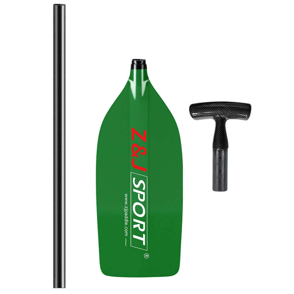 The ZJ Canoe Whitewater Rafting Paddle features a translucent green fiberglass blade with zijie branding, paired with a sleek adjustable paddle with a prepreg carbon fiber shaft and T-shaped handle, displayed on a pristine white background.