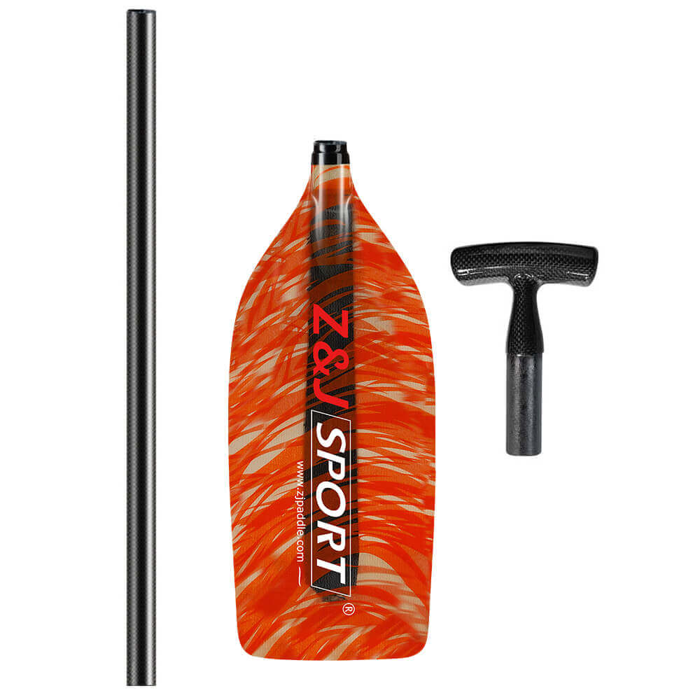 The ZJ Canoe Whitewater Rafting Paddle by zijie features an orange fiberglass blade with white patterns and a Z & V Sport logo, alongside a black textured handle and adjustable prepreg carbon fiber shaft for enhanced performance.