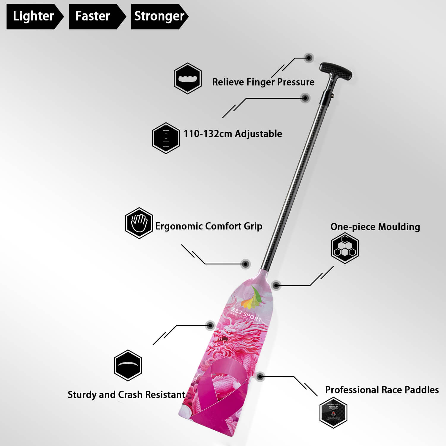 The ZJ IDBF Approved Carbon PINK2 Dragon Boat Paddle by ZJ SPORT boasts an ergonomic, sleek pink design with a dragon pattern. It features an adjustable length and one-piece molding for crash resistance, reducing finger pressure and perfect for professional racers.