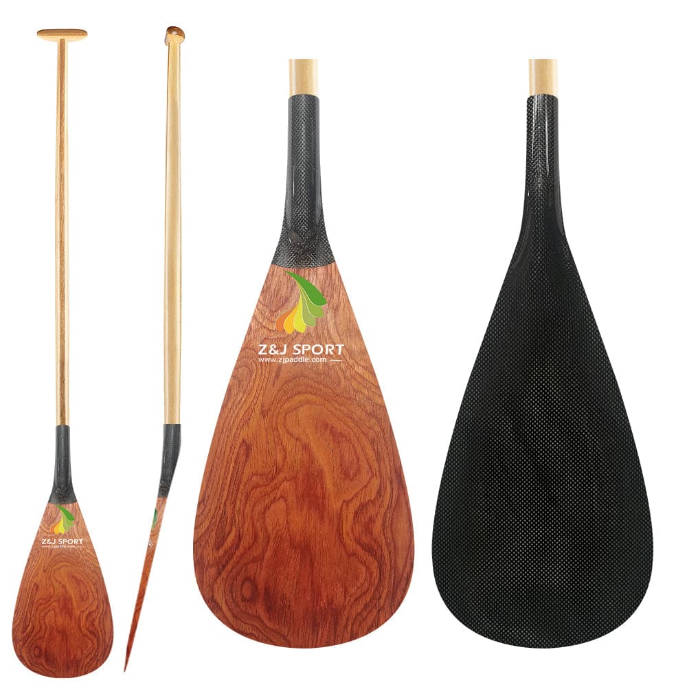 ZJ Hybrid Outrigger Canoe Paddle com lâmina de carbono e haste de madeira curvada na parte superior