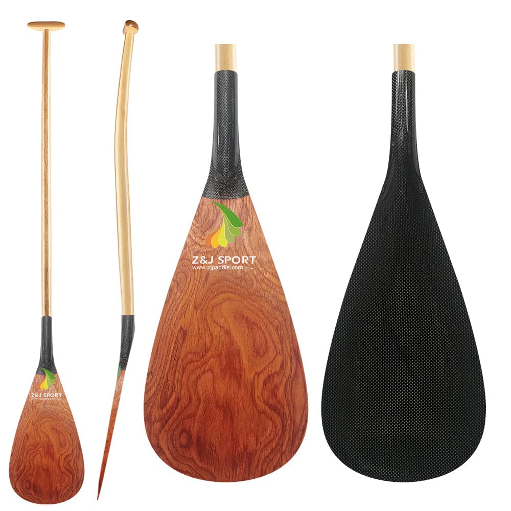 Three views of the ZJ Hybrid Outrigger Canoe Paddle, featuring a C-S carbon blade with a wood grain pattern and ZJ SPORT branding with a leaf logo. The handcrafted wood shaft boosts its appeal. View the paddle from front, side, and back angles.