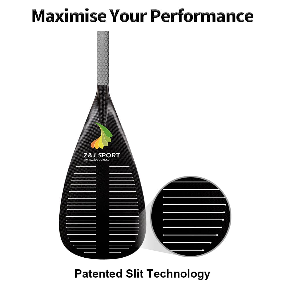 Image of the ZJ SPORT High Performance Outrigger Canoe Paddle with a textured handle and blade slits. Text reads Maximise Your Performance at the top and Patented Cut Technology at the bottom, with an inset showing its progressive power curve dynamics design.