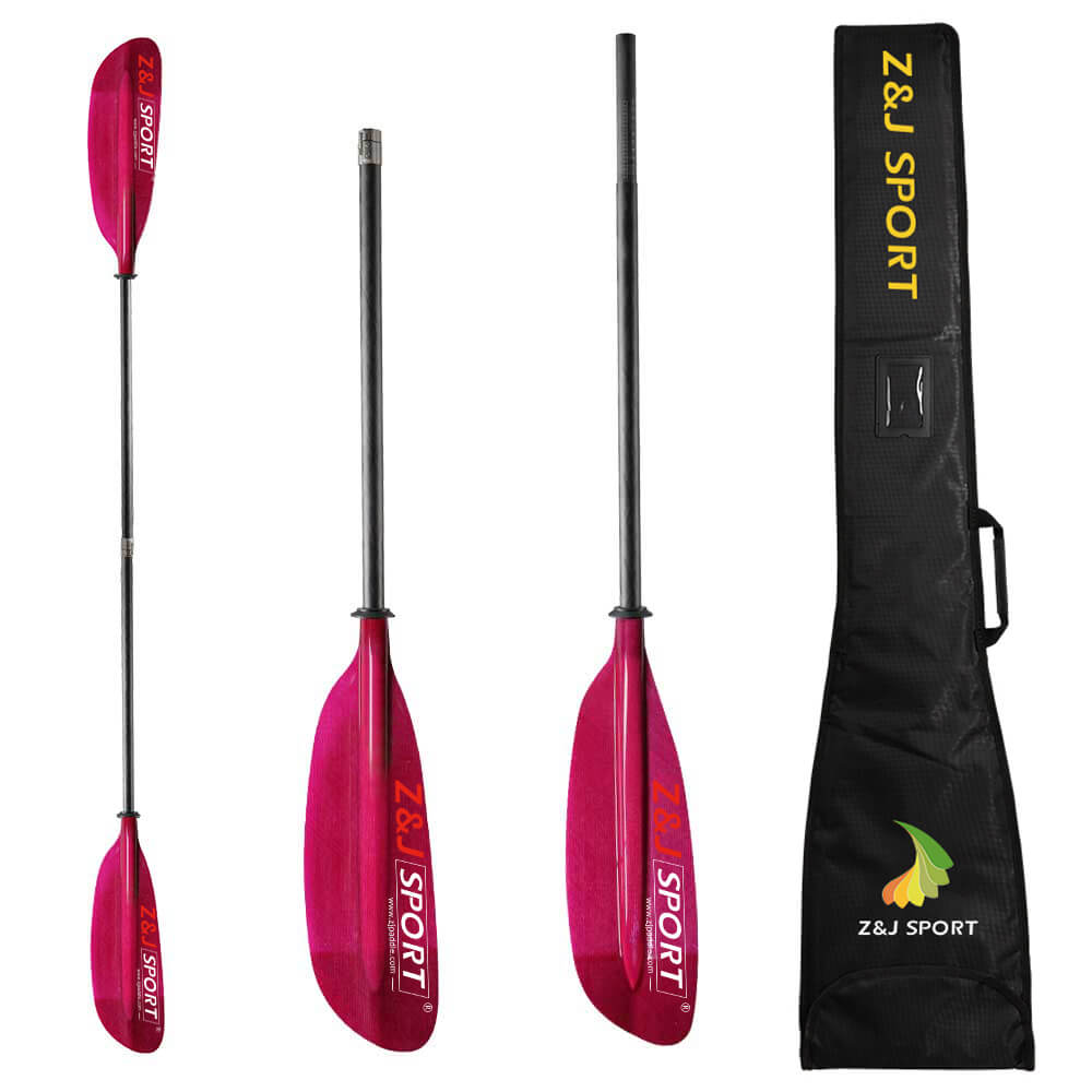 Three ZJ 2-Piece / 4-Piece Translucent Fiberglass Sea Kayak Paddles by ZJ SPORT, in red and black, are shown in varying orientations. With fiberglass blades and carbon fiber shafts, they demonstrate quality. A branded black carrying bag is placed to the right.