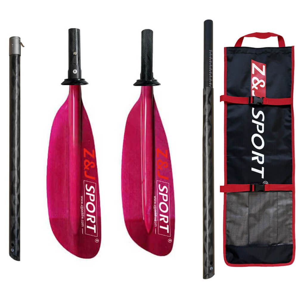 The image shows ZJ SPORT seakayak paddles with red translucent fiberglass blades and black carbon fiber shafts. The ZJ 2-Piece / 4-Piece paddle set (SKR-III) includes a carrying bag and neatly arranged disassembled components.