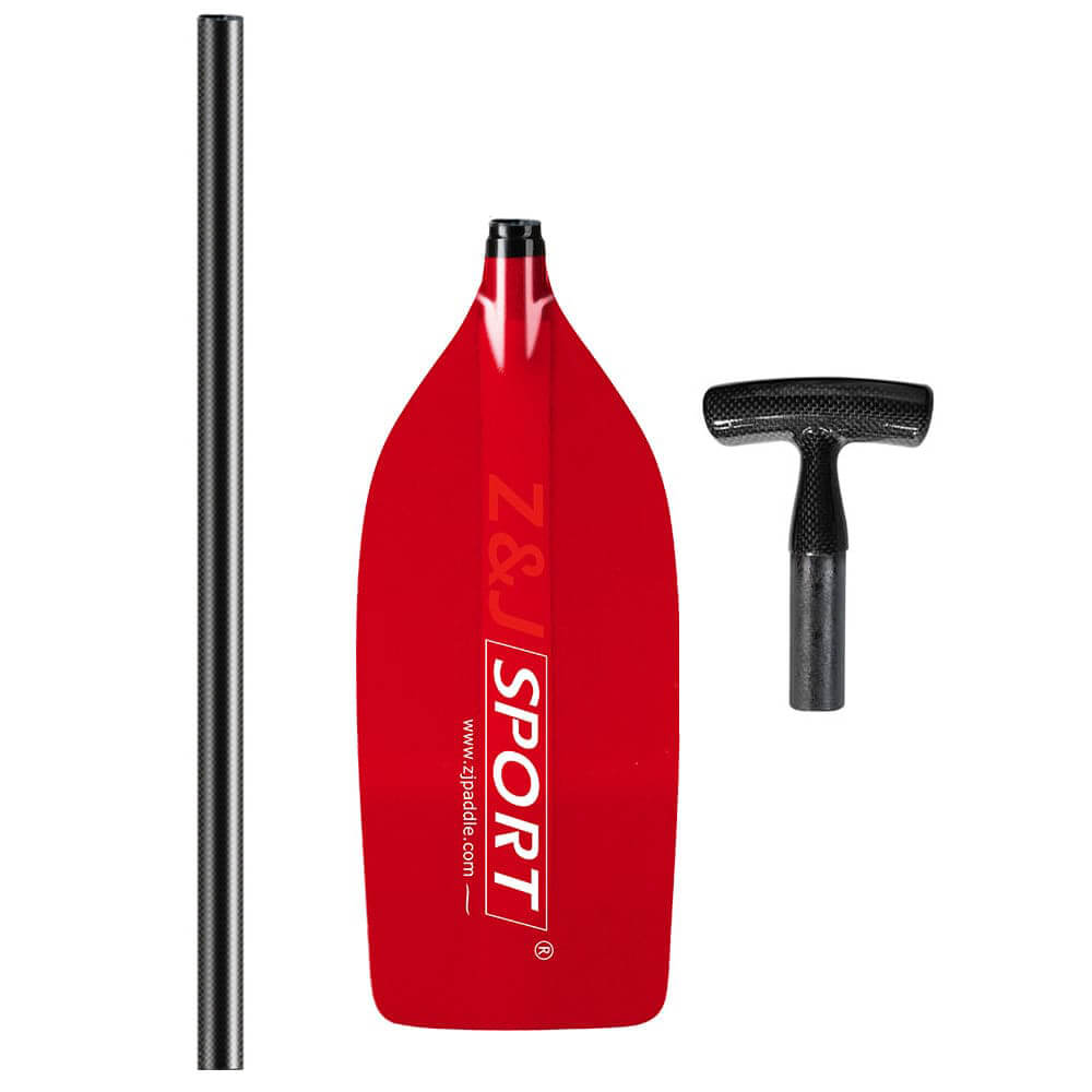 The unassembled ZJ Canoe Whitewater Rafting Paddle by zijie showcases a long prepreg carbon fiber shaft, translucent fiberglass blade with Z&J Sport logo, and a black ergonomic T-grip on a white background.