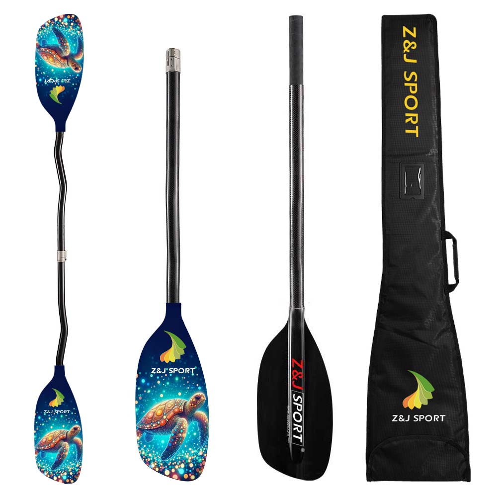 The ZJ Classic Full Carbon Whitewater Paddle by ZJ SPORT boasts colorful turtle art on its carbon fiber blades and a sleek blue shaft. It features blade close-ups, a full paddle view, and includes a black carrying bag with Z&J SPORT in yellow, perfect for whitewater adventures.