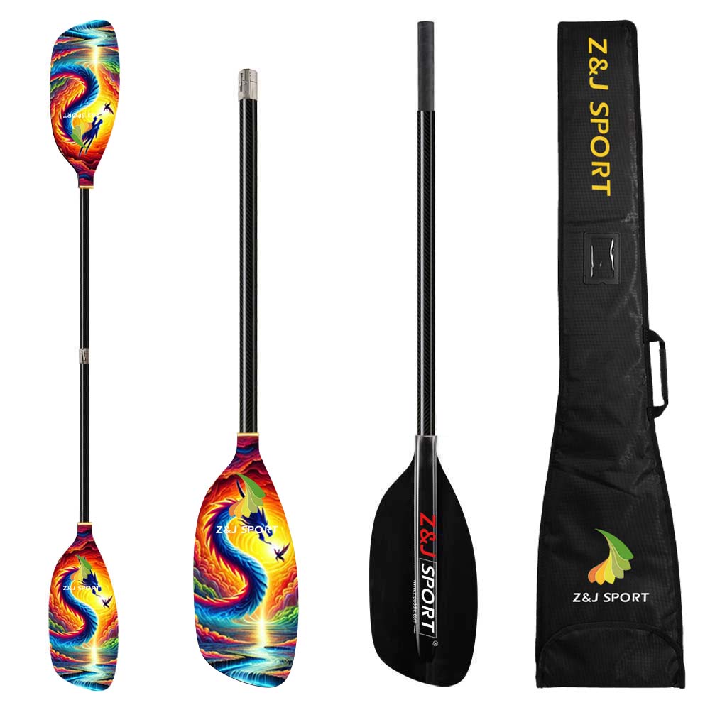 The ZJ SPORT kayak paddle set includes two adjustable whitewater paddles with a colorful dragon design: one fully assembled, and the other disassembled with a carbon fiber blade. Accompanied by a black carrying bag labeled Z&J SPORT.