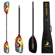 The ZJ SPORT kayak paddle set includes two adjustable whitewater paddles with a colorful dragon design: one fully assembled, and the other disassembled with a carbon fiber blade. Accompanied by a black carrying bag labeled Z&J SPORT.