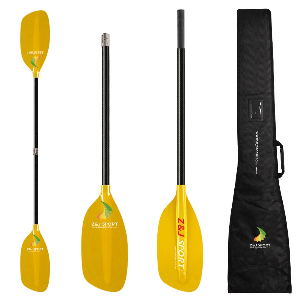 The ZJ SPORT whitewater paddle set features translucent fiberglass blades and a carbon fiber shaft, seen assembled and disassembled, with detailed views. A black carrying case with branding is included for easy transport.