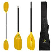 The ZJ SPORT whitewater paddle set features translucent fiberglass blades and a carbon fiber shaft, seen assembled and disassembled, with detailed views. A black carrying case with branding is included for easy transport.