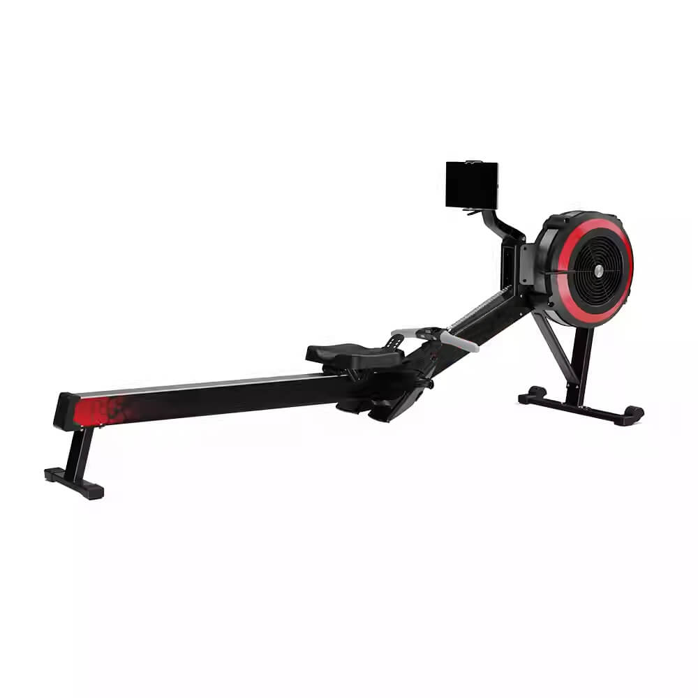 PF-550) is a foldable gym equipment with a sleek black design, featuring a fan flywheel with red accents, adjustable seat, and front digital monitor for performance tracking.