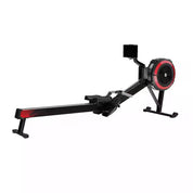 The Air Resistance Rowing Machine (PF-500/PF-550) is a foldable gym equipment with a sleek black design, featuring a fan flywheel with red accents, adjustable seat, and front digital monitor for performance tracking.