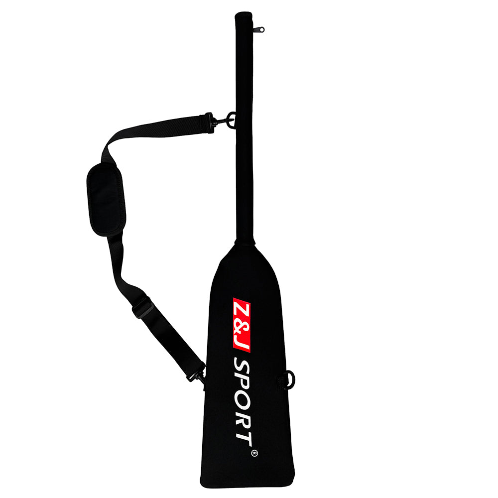 The ZJ Dragon Boat Paddle Quick Drying Bag is a black neoprene cover with a shoulder strap and pad, featuring the Z&J Sport logo in white and red. It offers perfect protection for your paddle.