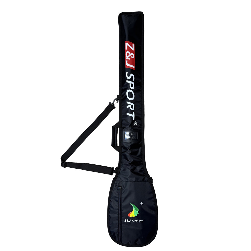 A black, padded paddle bag with a strap and waterproofing, it displays ZJ SPORT in white and red. It includes a small window pocket and features a green and yellow bird logo on the lower section.