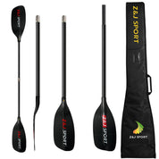 Four black ZJ Carbon Whitewater Paddles with ZJ SPORT logo on carbon blades, shown from various angles. Includes a black carrying bag with the ZJ SPORT logo and a green/yellow leaf design, ideal for river runs.