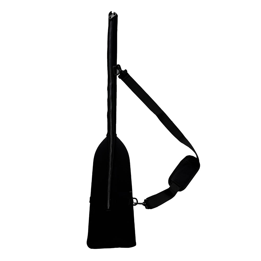 The ZJ SPORT Dragon Boat Paddle Quick Drying Bag features a unique elongated neoprene design with a vertical zipper. It includes an adjustable strap with padding for comfort, all showcased on a plain white background.