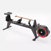 The zijie Gym Fitness Equipment Heavy Duty Rowing Machine (PF-650) features a black angular frame with support legs, a wooden handle, sliding seat, and red-accented circular fan flywheel. Its set against a plain white background.