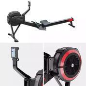 The Air Resistance Rowing Machine by zijie features a black design with a red accent around the fan. The top image displays the full machine, while close-ups of the monitor and fan are shown below. Perfect for home gym use, this model is foldable and comes with a screen for enhanced performance tracking.