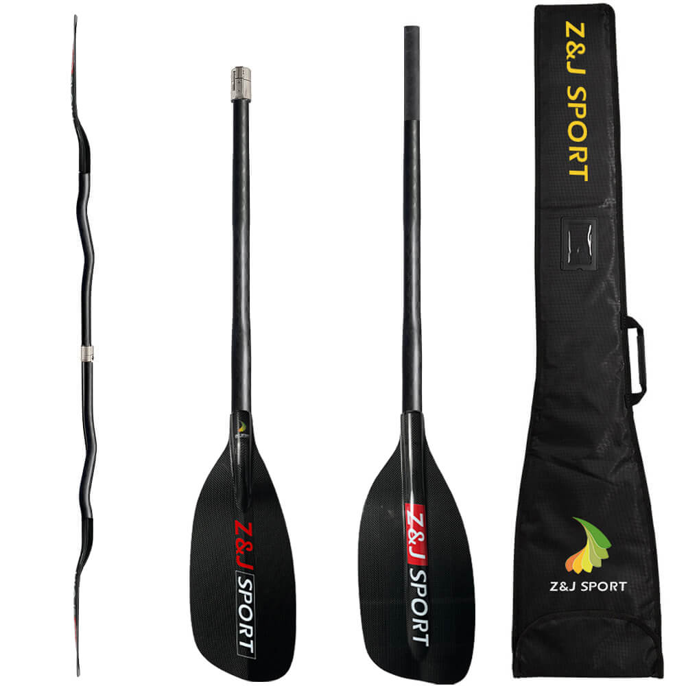 The ZJ SPORT Carbon Whitewater Paddle features durable carbon blades with Z&J SPORT in red and white. It disassembles into three pieces and comes with a branded black carrying bag.