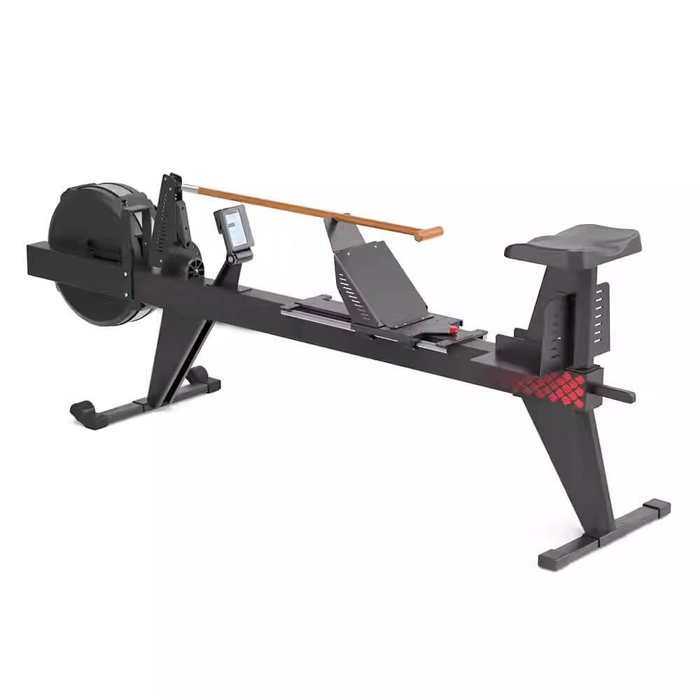 The Gym Fitness Equipment Heavy Duty Rowing Machine (PF-650) is sleek and black with a cushioned seat, digital display, and footrests. It features a sturdy minimalist design suitable for indoor exercise.