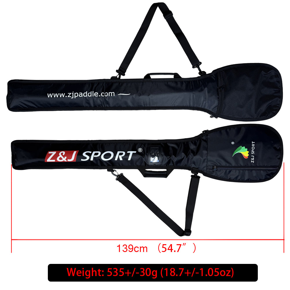 Two black ZJ SPORT paddle bags, with shoulder straps and green logos, are designed for kayak paddles. Displayed in front and back views, each measures 139 cm (54.7 inches) long, weighs 535g ± 30g (18.7 ± 1.05 oz), and features a waterproof protective layer.