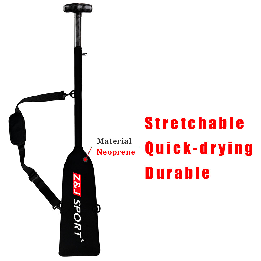 The ZJ Dragon Boat Paddle Quick Drying Bag is a black neoprene elastic cover with a shoulder strap, featuring ZJ SPORT text. In red, Stretchable, Quick-drying, Durable is highlighted on the right. Ideal for protecting your dragon boat paddle while combining durability and functionality.