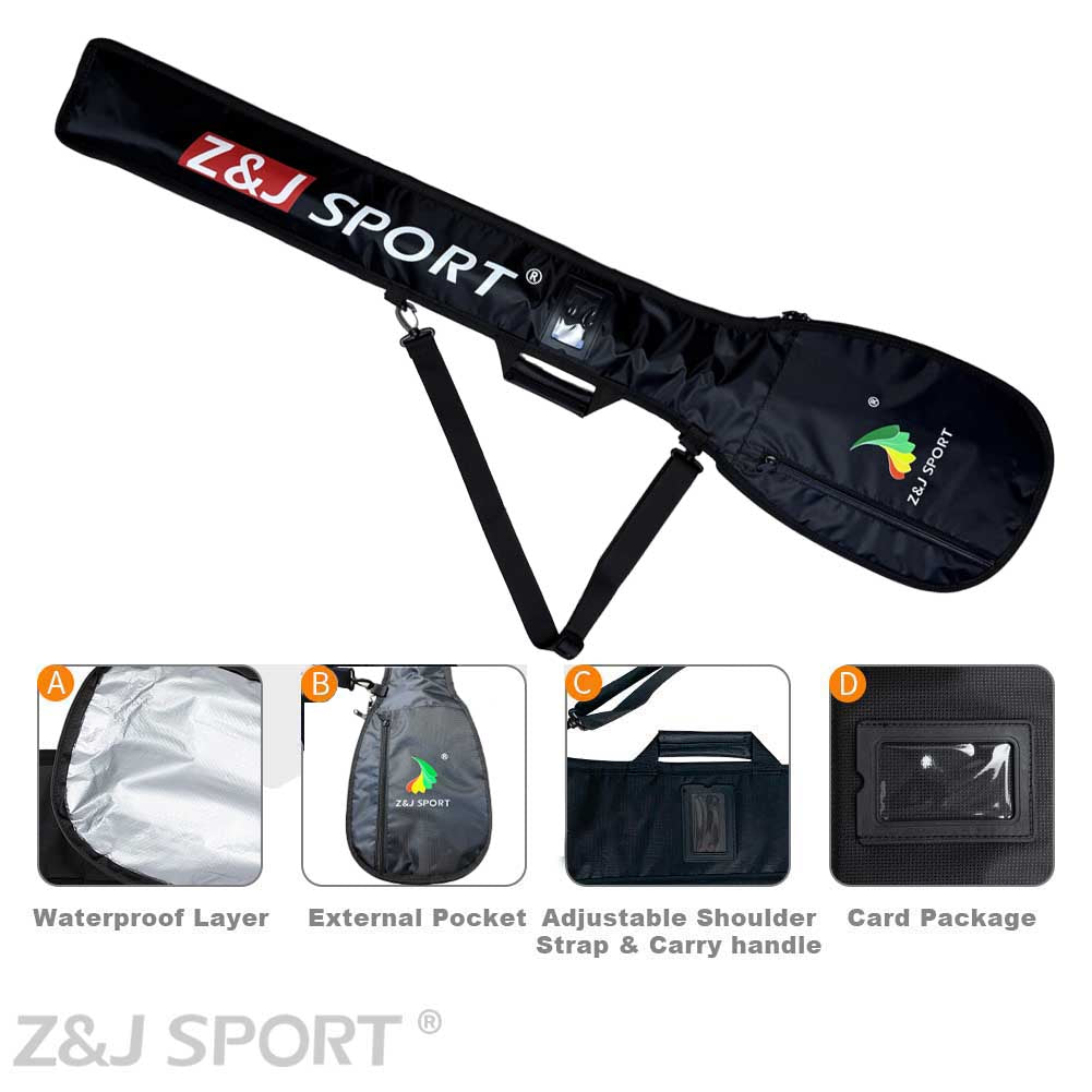 Double Paddle Bag by ZJ SPORT is a sleek black case featuring a robust waterproof layer, an external pocket for extra storage, an adjustable shoulder strap, a handy carry handle, and a specialized card pocket—perfectly versatile like a tennis racket case.