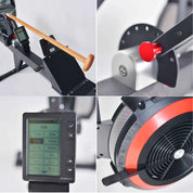 Collage of four images highlighting features of the Gym Fitness Equipment Heavy Duty Rowing Machine by zijie (PF-650): a rowing handle, resistance adjustment knob, digital monitor with workout metrics, and close-up of the flywheel.